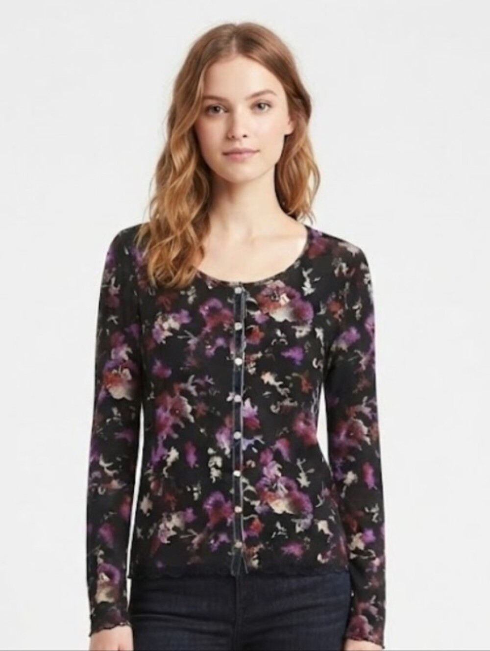 J Jill Floral Button-Front Long Sleeve Top - Black/Purple Size M
